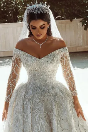 Luxurious Ball Gown Sequins Bridal Dress Long Sleeves Satin Maxi Dress