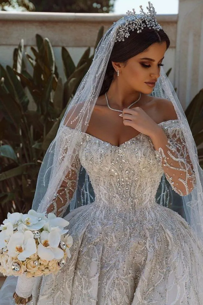 Luxurious Ball Gown Sequins Bridal Dress Long Sleeves Satin Maxi Dress