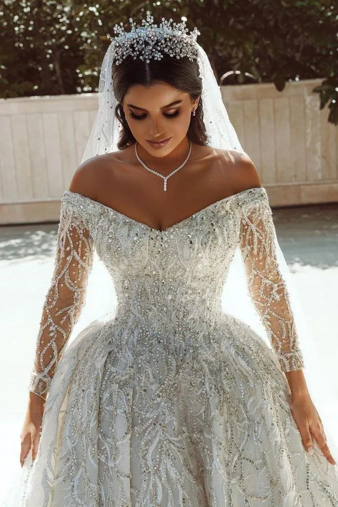 Luxurious Ball Gown Sequins Bridal Dress Long Sleeves Satin Maxi Dress