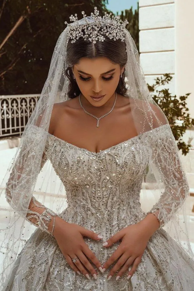 Luxurious Ball Gown Sequins Bridal Dress Long Sleeves Satin Maxi Dress