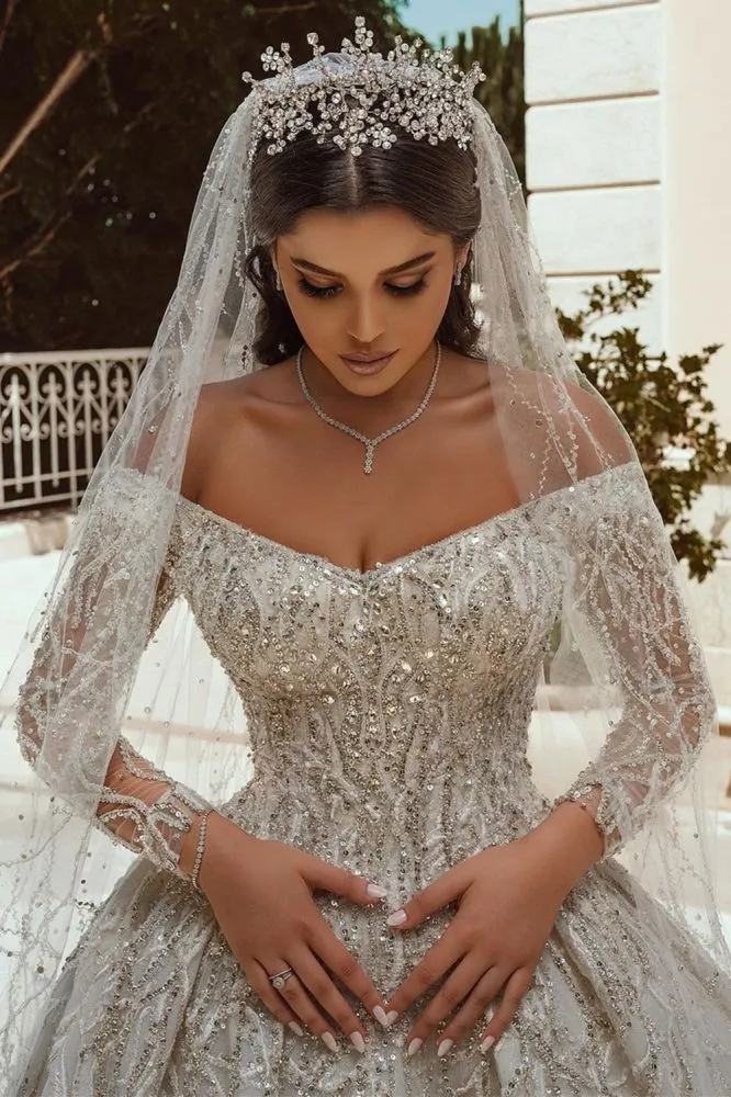 Luxurious Ball Gown Sequins Bridal Dress Long Sleeves Satin Maxi Dress