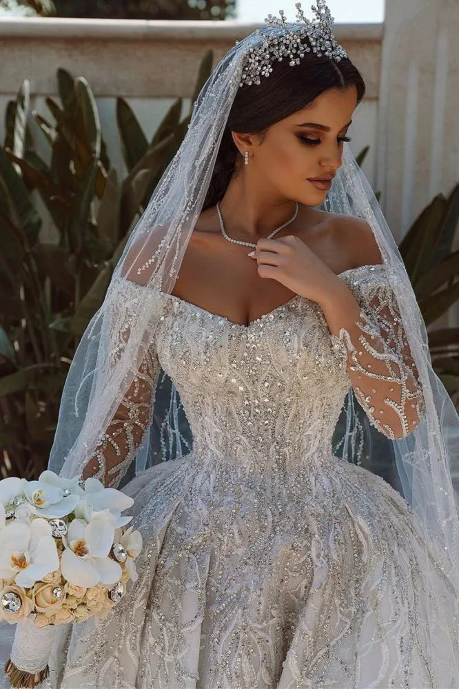 Luxurious Ball Gown Sequins Bridal Dress Long Sleeves Satin Maxi Dress
