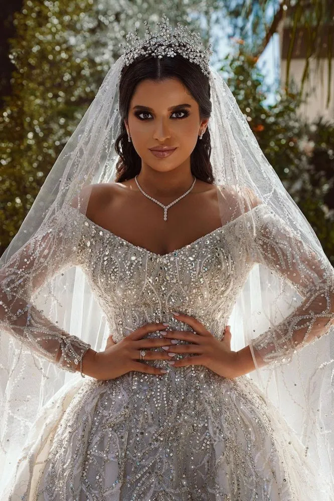 Luxurious Ball Gown Sequins Bridal Dress Long Sleeves Satin Maxi Dress