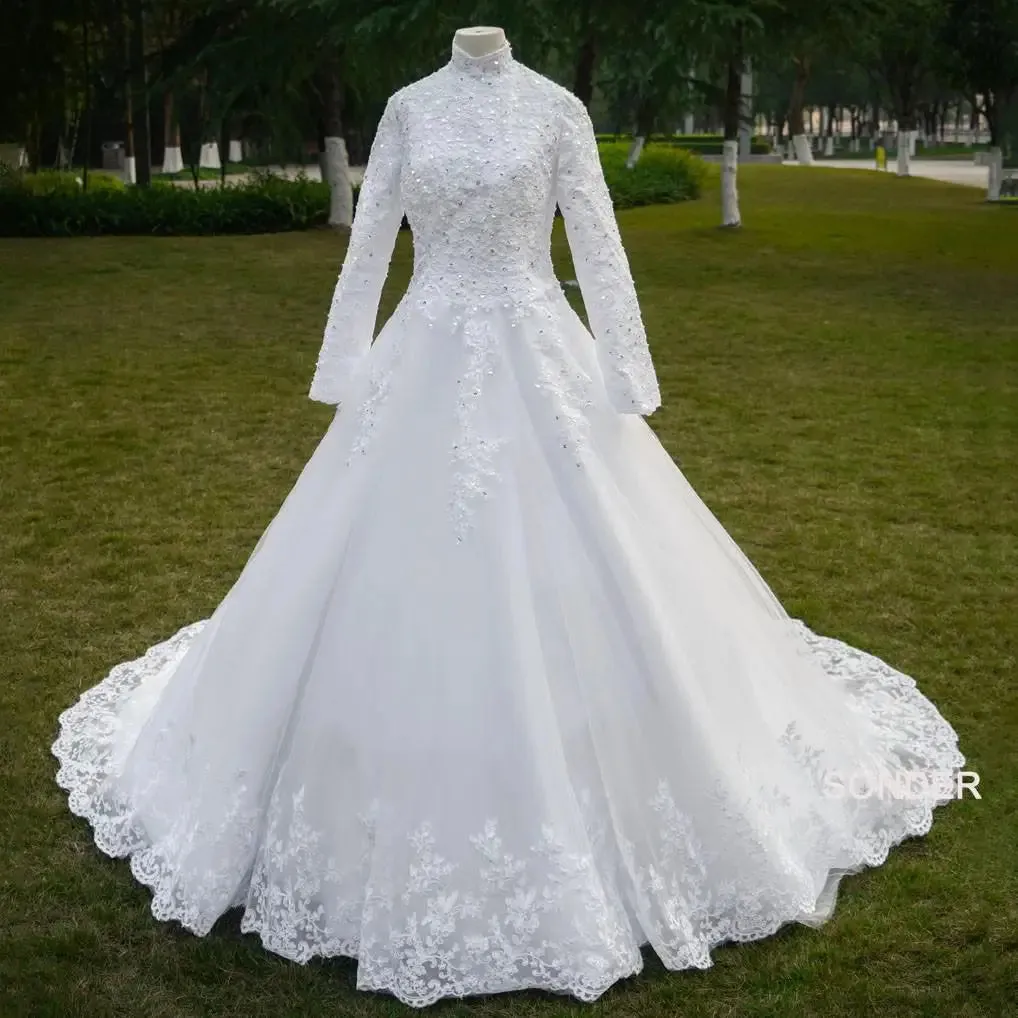 Luxury Lace Muslim Wedding Dresses Vestido De Noiva Noble Princess Bride Ball Gowns Elegant High Neck Long Sleeve Wedding Dress