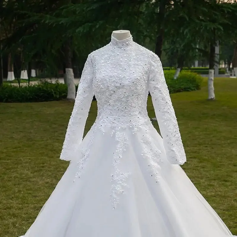 Luxury Lace Muslim Wedding Dresses Vestido De Noiva Noble Princess Bride Ball Gowns Elegant High Neck Long Sleeve Wedding Dress