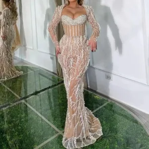Luxury Nude Beaded Mermaid Evening Dress Long Sleeve Gown for Women