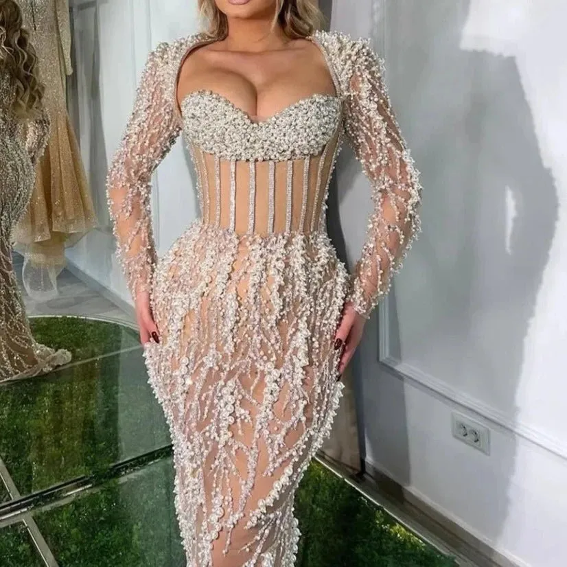 Luxury Nude Beaded Mermaid Evening Dress Long Sleeve Gown for Women