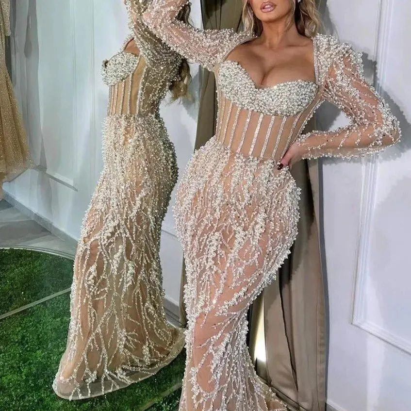Luxury Nude Beaded Mermaid Evening Dress Long Sleeve Gown for Women