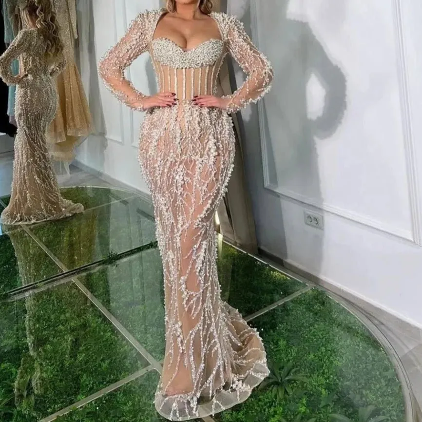 Luxury Nude Beaded Mermaid Evening Dress Long Sleeve Gown for Women