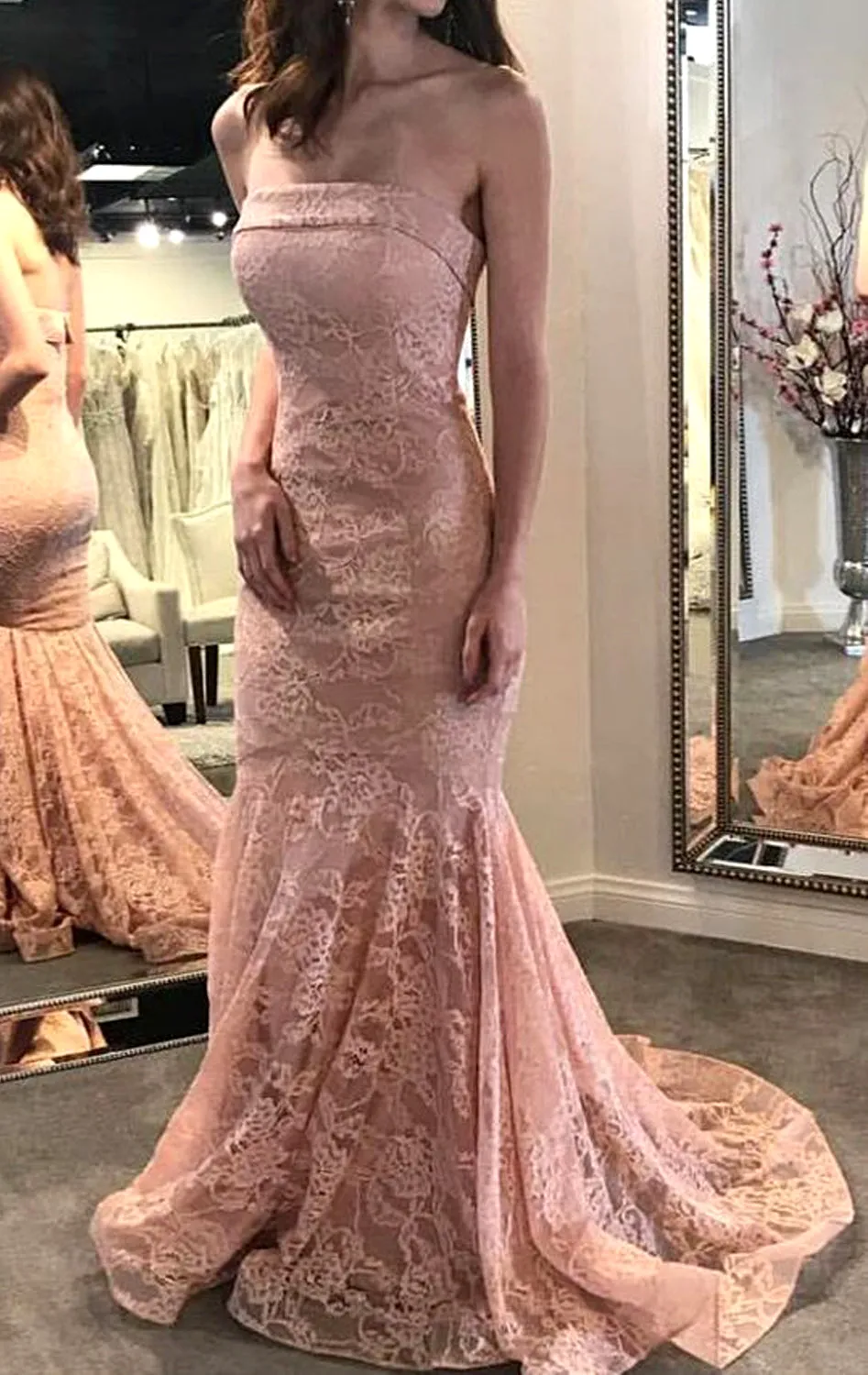 MACloth Mermaid Strapless Lace Long Prom Dress Pink Formal Evening Gown