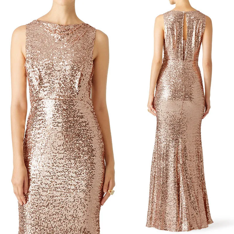 MACloth Mermaid Straps Sequin Long Bridesmaid Dress Rose Gold Formal Evening Gown