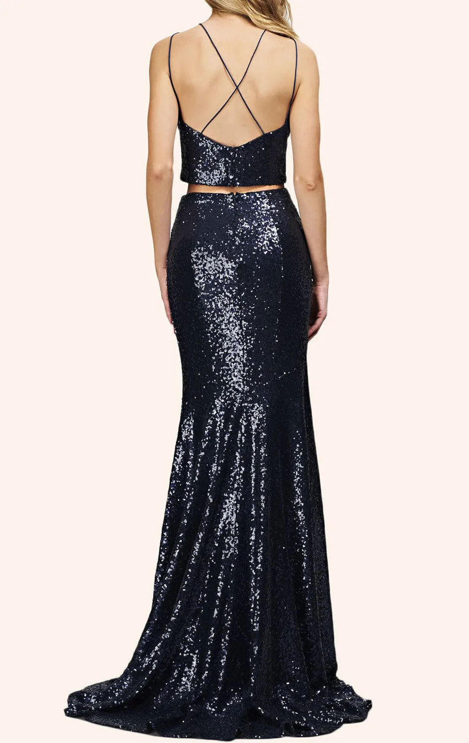 MACloth Mermaid Two Piece Sequin Long Prom Dress Dark Navy Formal Gown