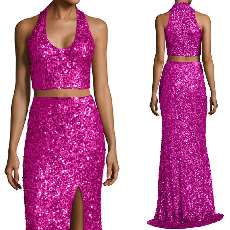 MACloth Mermaid Two Piece Sequin Long Prom Dress Fuchsia Evening Formal Gown