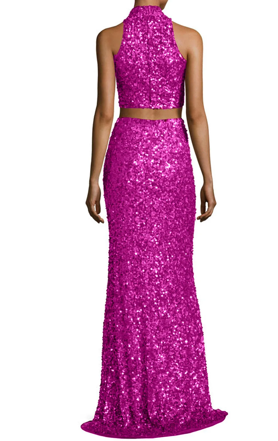 MACloth Mermaid Two Piece Sequin Long Prom Dress Fuchsia Evening Formal Gown