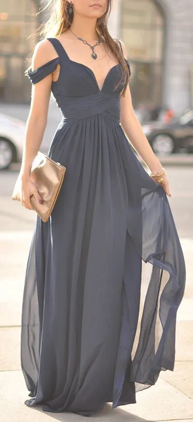 MACloth Off the Should Chiffon Long Prom Dress Dark Navy Formal Ball Gown