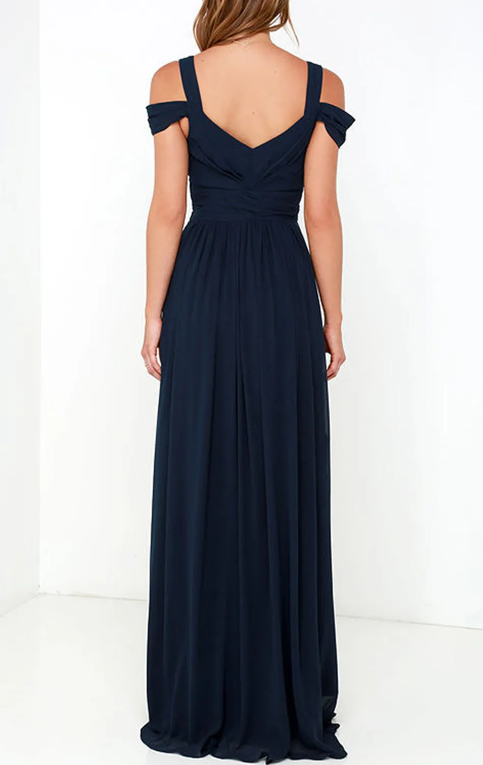 MACloth Off the Should Chiffon Long Prom Dress Dark Navy Formal Ball Gown