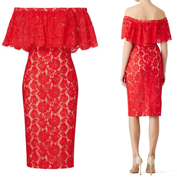 MACloth Off the Shoulder Lace Cocktail Dress Red Formal Evening Gown