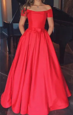 MACloth Off the Shoulder Red Long Prom Dress Satin Formal Evening Gown