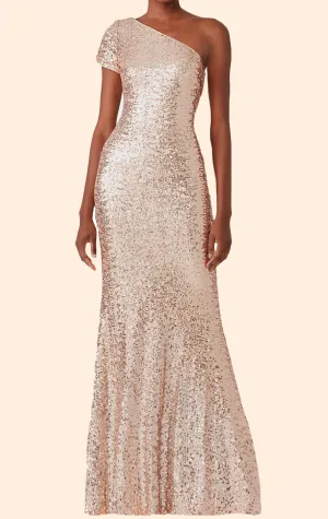 MACloth One Shoulder Sequin Long Bridesmaid Dress Rose Gold Simple Prom Gown