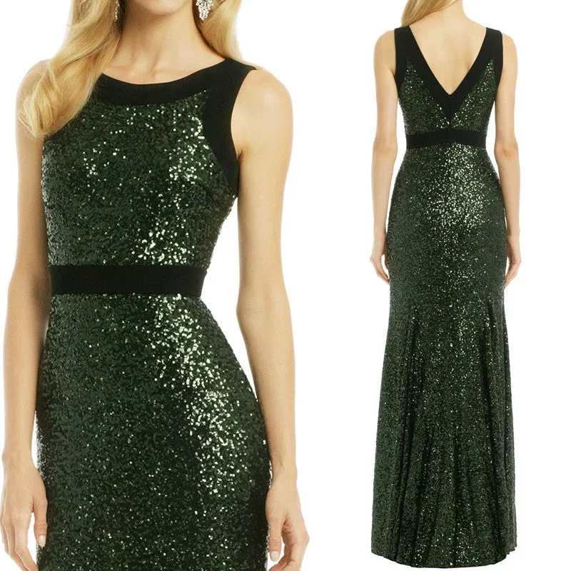 MACloth Sheath O Neck Sequin Long Formal Dress Simple Prom Gown