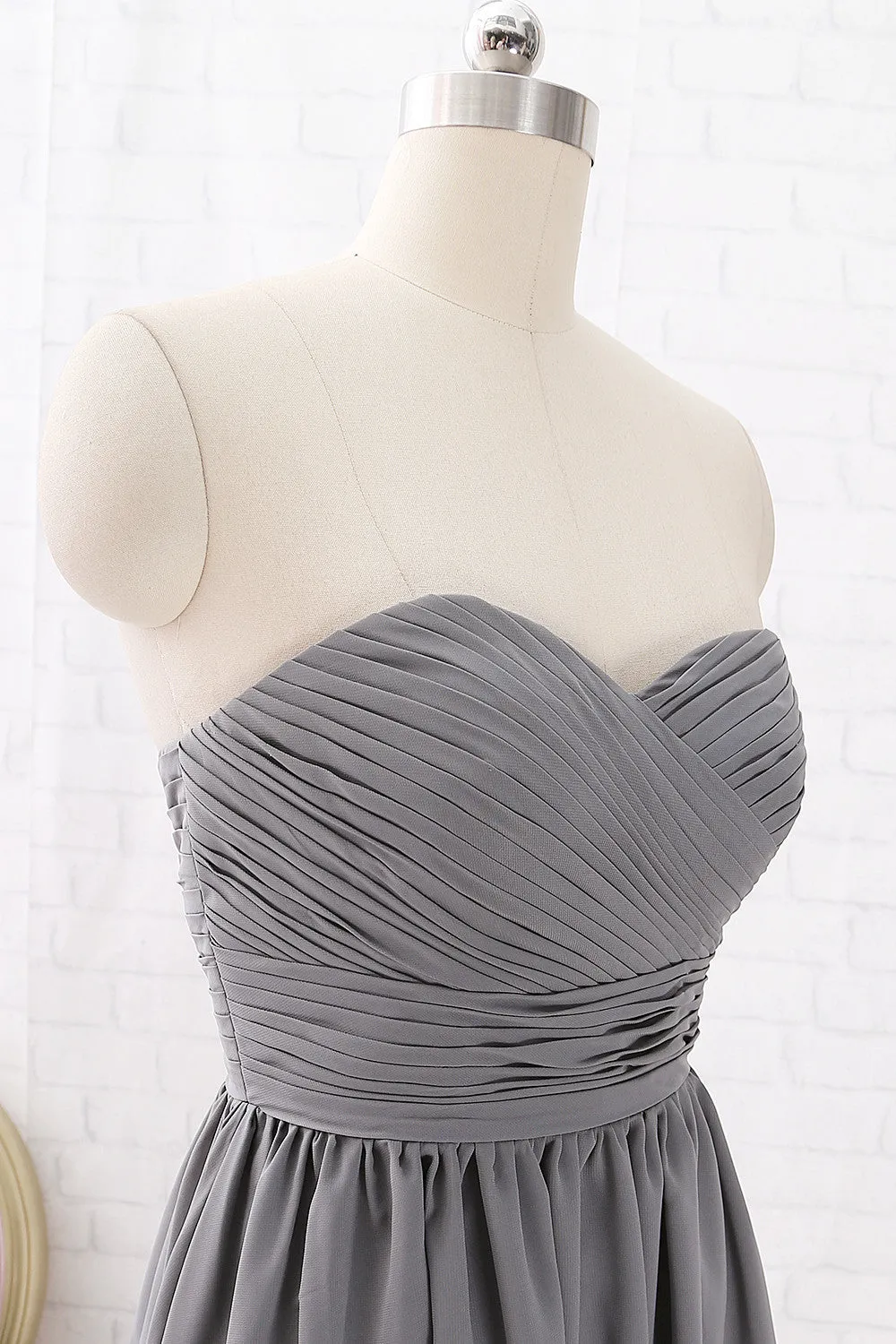 MACloth Strapless Sweetheart High Low Bridesmaid Dress Chiffon Grey Formal Gown