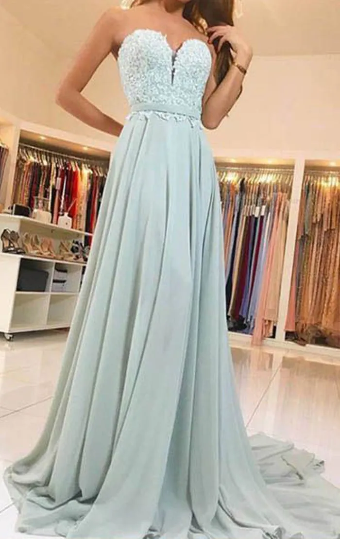 MACloth Strapless Sweetheart Lace Chiffon Long Prom Dress Mint Formal Evening Gown