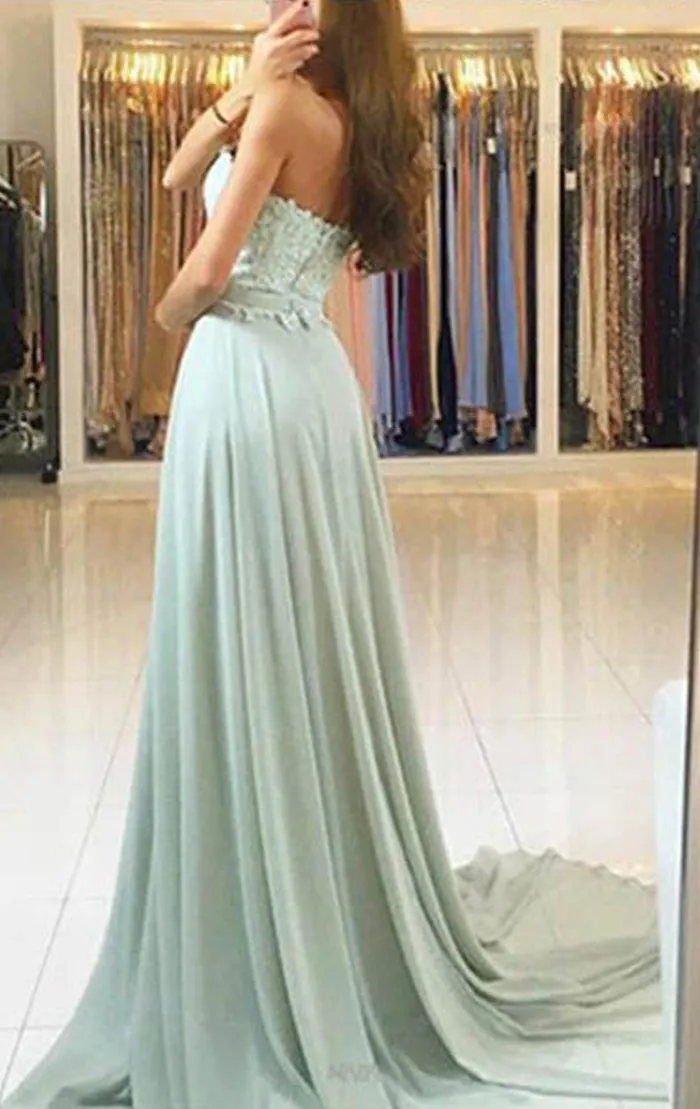 MACloth Strapless Sweetheart Lace Chiffon Long Prom Dress Mint Formal Evening Gown