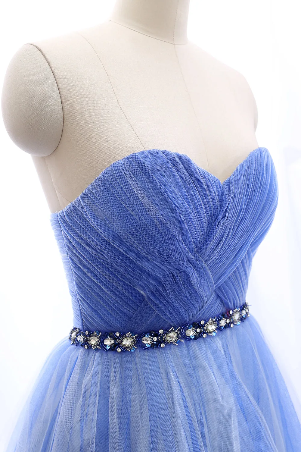 MACloth Strapless Sweetheart Long Tulle Blue Ball Gown Formal Prom Dress