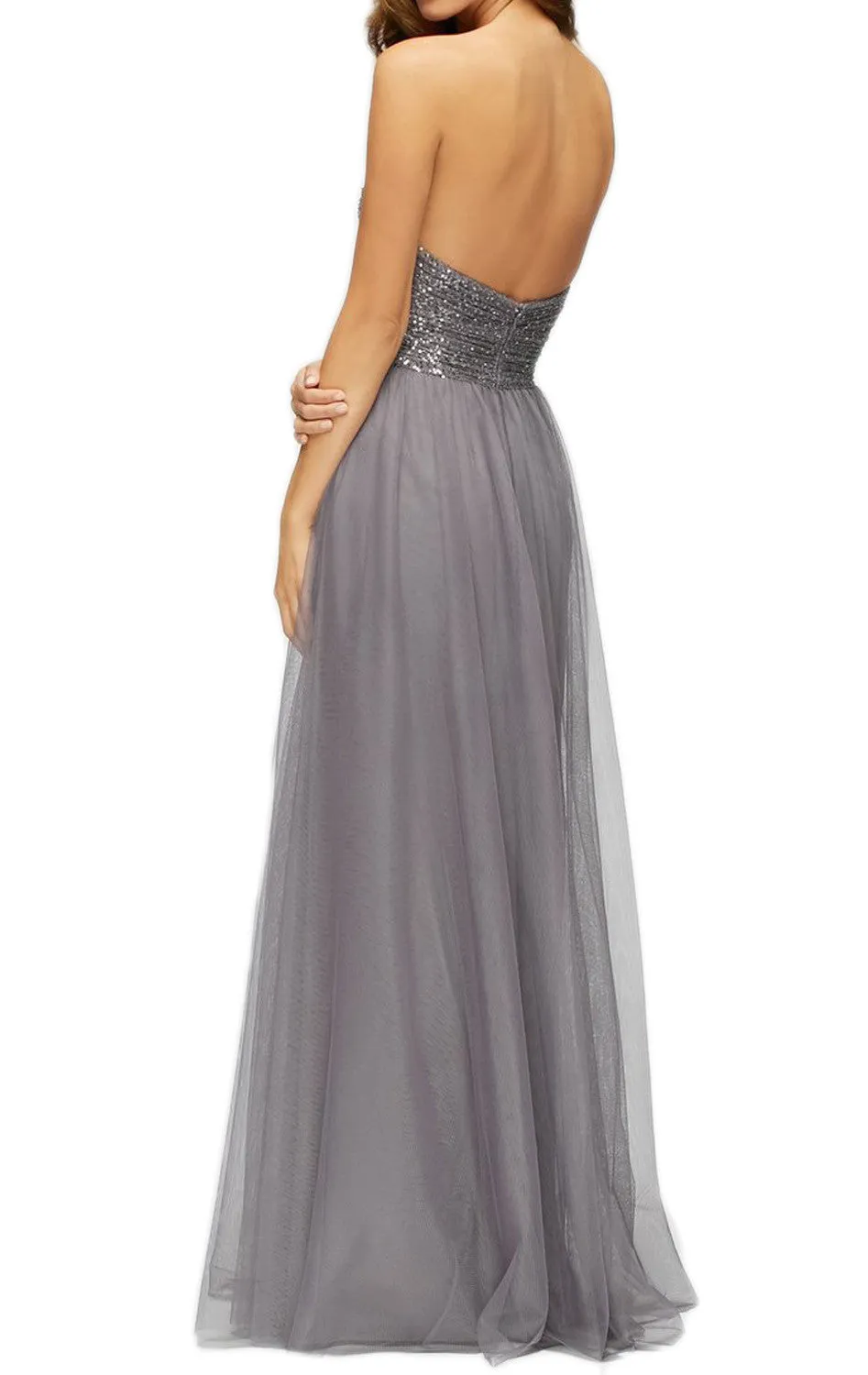 MACLoth Strapless Sweetheart Sequin Tulle Long Bridesmaid Dress Gray Formal Gown