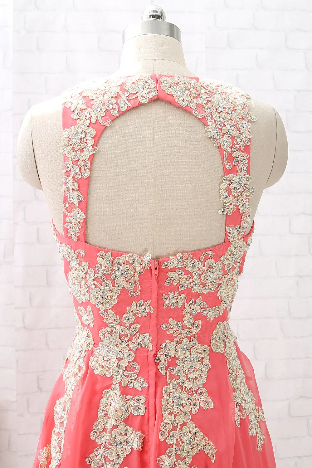 MACloth Straps Lace Chiffon Coral Short Prom Homecoming Dress Wedding Party Dress