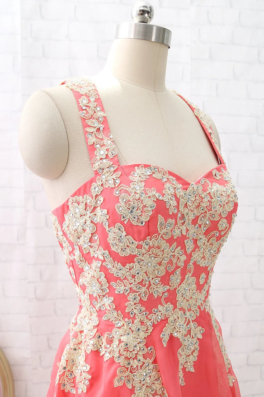 MACloth Straps Lace Chiffon Coral Short Prom Homecoming Dress Wedding Party Dress