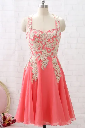 MACloth Straps Lace Chiffon Coral Short Prom Homecoming Dress Wedding Party Dress
