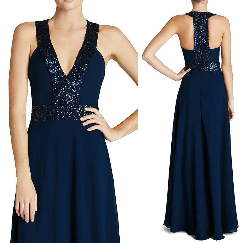 MACloth Straps V Neck Sequin Chiffon Prom Dress Dark Navy Formal Gown