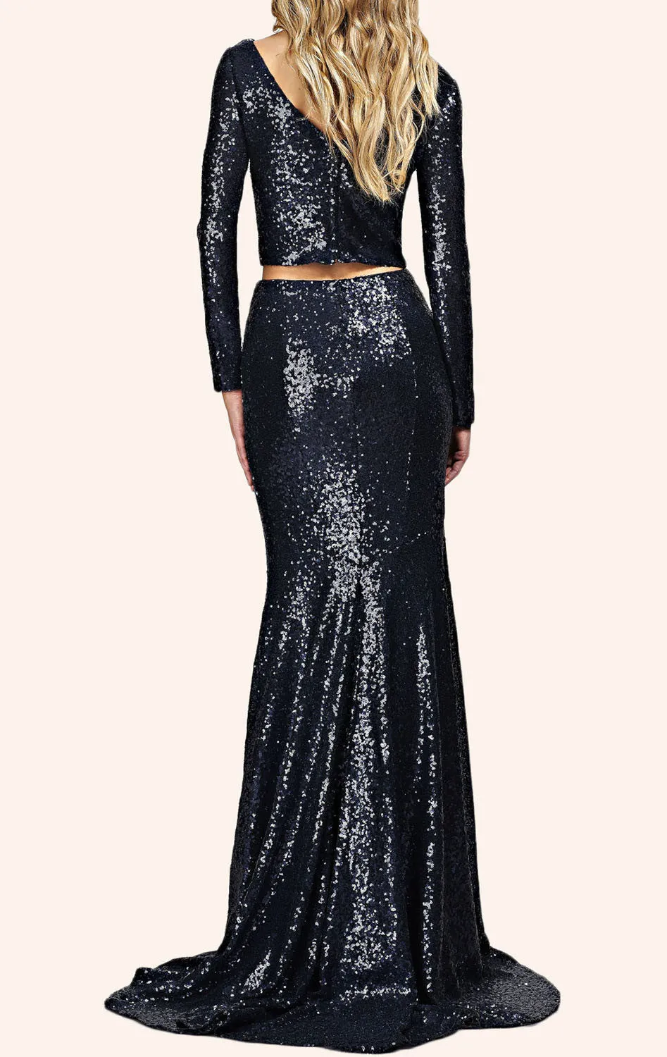 MACloth Two Piece Sequin Long Prom Dress Dark Navy Formal Gown