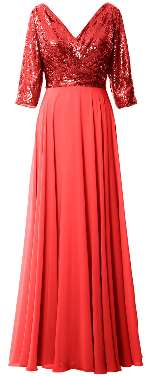 MACloth Women 3/4 Sleeve V Neck Mother Dress Sequin Chiffon Wedding Formal Gown