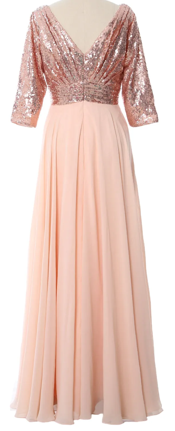 MACloth Women 3/4 Sleeve V Neck Mother Dress Sequin Chiffon Wedding Formal Gown