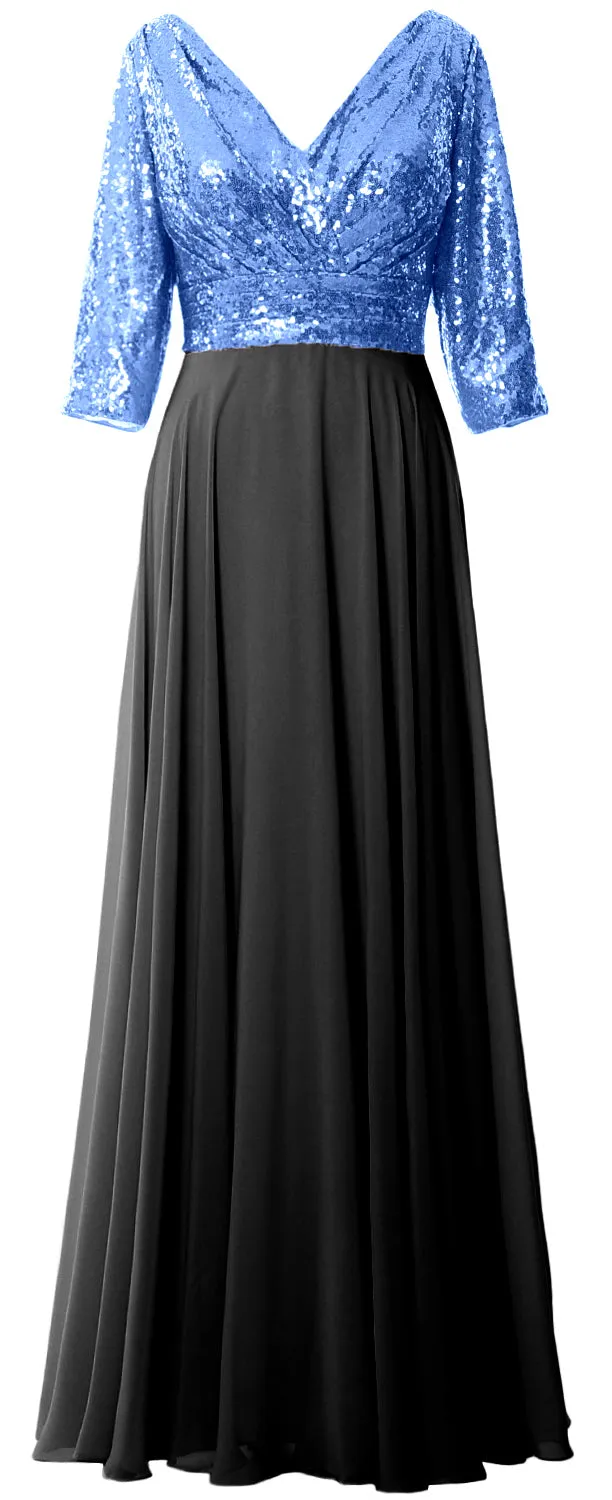 MACloth Women 3/4 Sleeve V Neck Mother Dress Sequin Chiffon Wedding Formal Gown