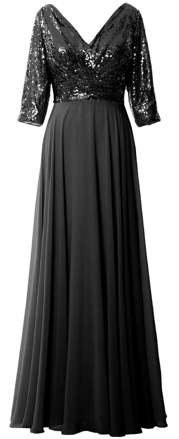 MACloth Women 3/4 Sleeve V Neck Mother Dress Sequin Chiffon Wedding Formal Gown