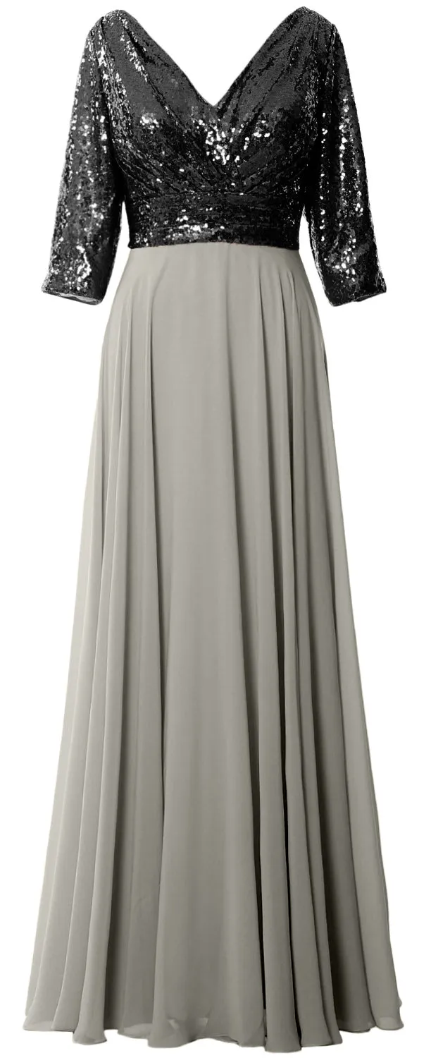 MACloth Women 3/4 Sleeve V Neck Mother Dress Sequin Chiffon Wedding Formal Gown
