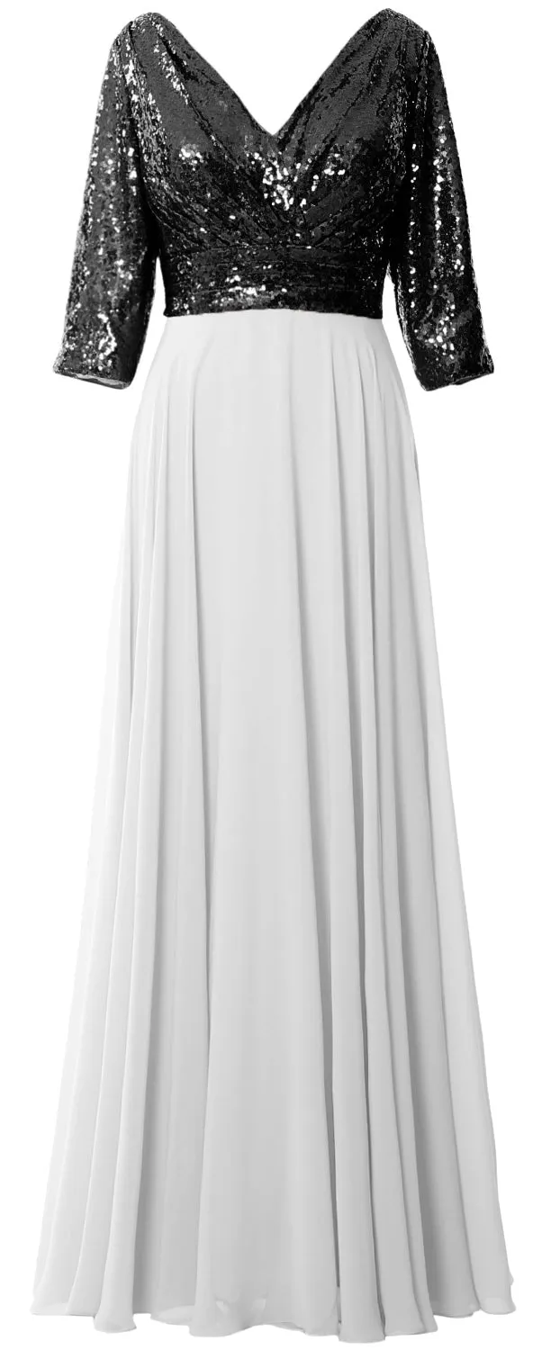 MACloth Women 3/4 Sleeve V Neck Mother Dress Sequin Chiffon Wedding Formal Gown