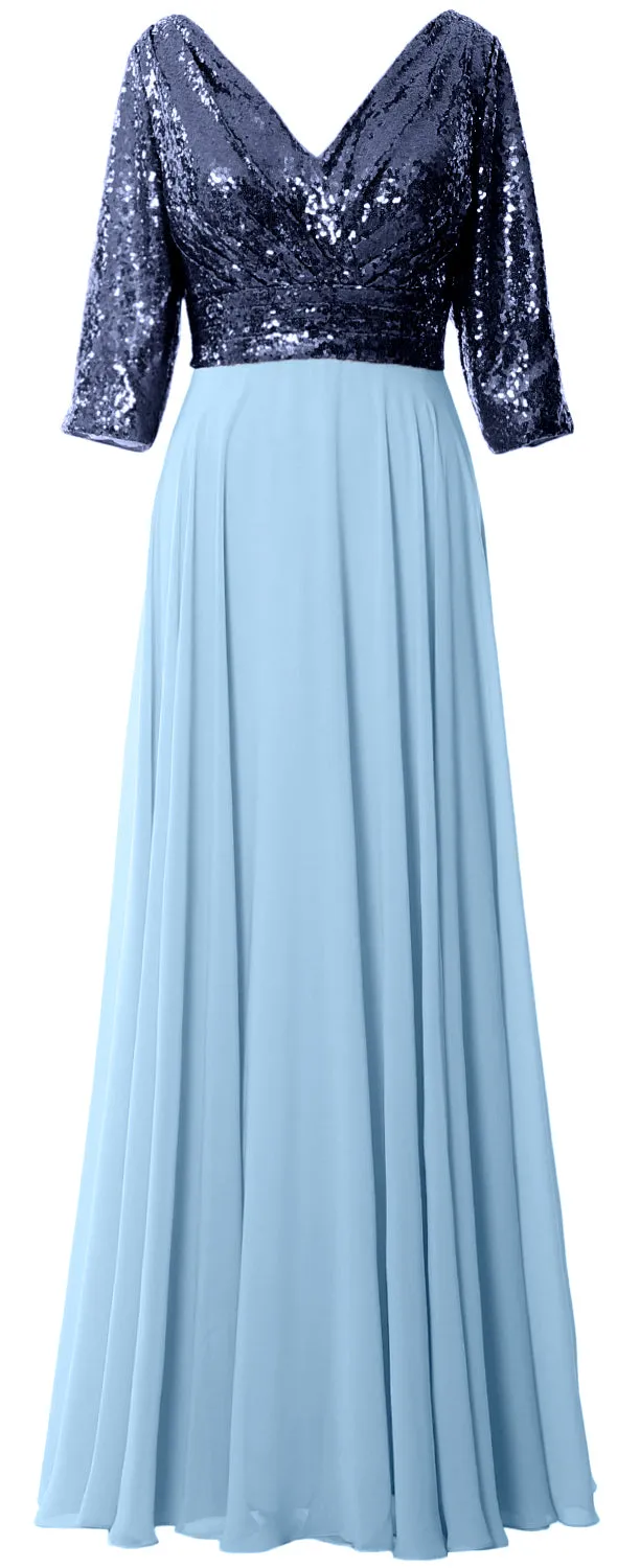 MACloth Women 3/4 Sleeve V Neck Mother Dress Sequin Chiffon Wedding Formal Gown