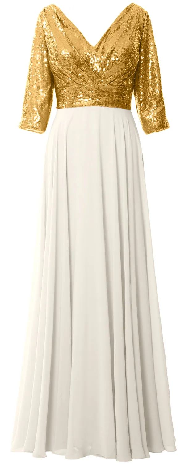 MACloth Women 3/4 Sleeve V Neck Mother Dress Sequin Chiffon Wedding Formal Gown