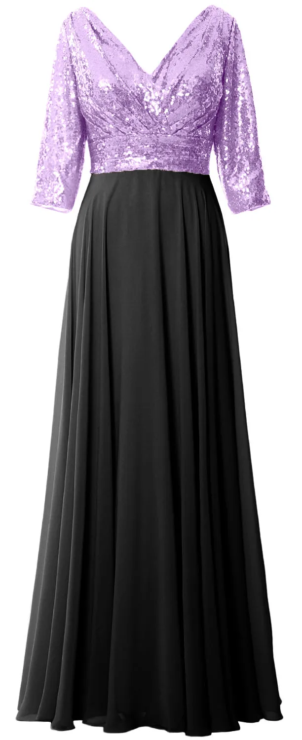 MACloth Women 3/4 Sleeve V Neck Mother Dress Sequin Chiffon Wedding Formal Gown