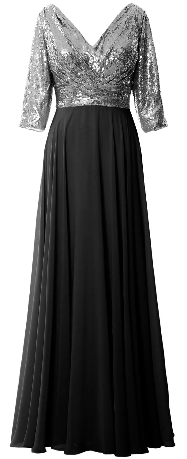 MACloth Women 3/4 Sleeve V Neck Mother Dress Sequin Chiffon Wedding Formal Gown