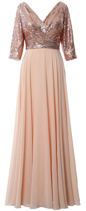 MACloth Women 3/4 Sleeve V Neck Mother Dress Sequin Chiffon Wedding Formal Gown