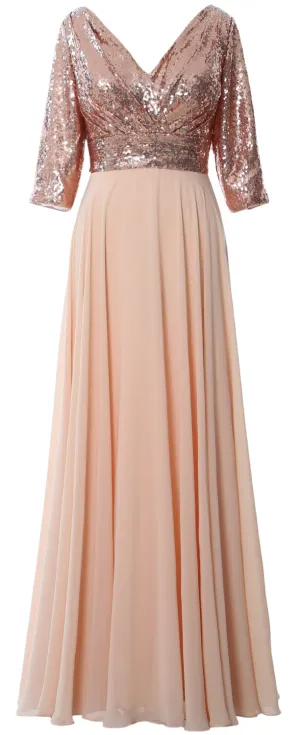 MACloth Women Long Sleeve V Neck Long Sequin Mother of Bride Dresses Maxi Gown