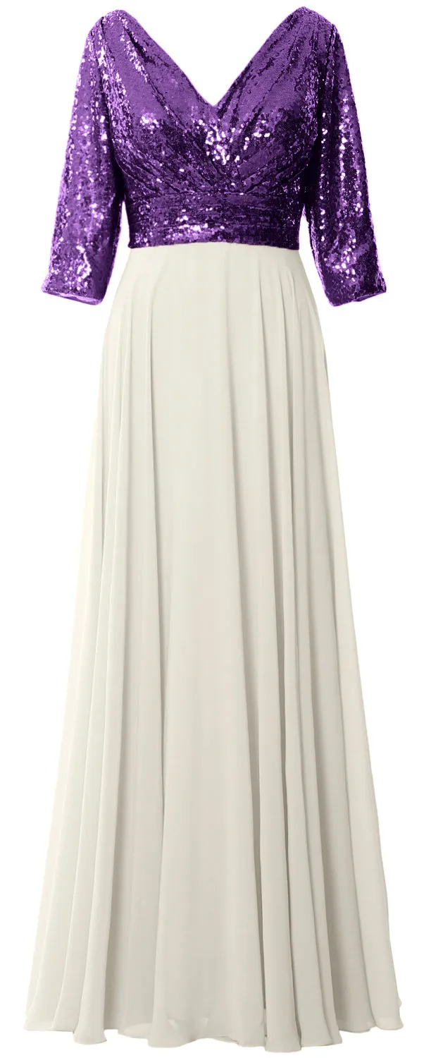 MACloth Women Long Sleeve V Neck Long Sequin Mother of Bride Dresses Maxi Gown