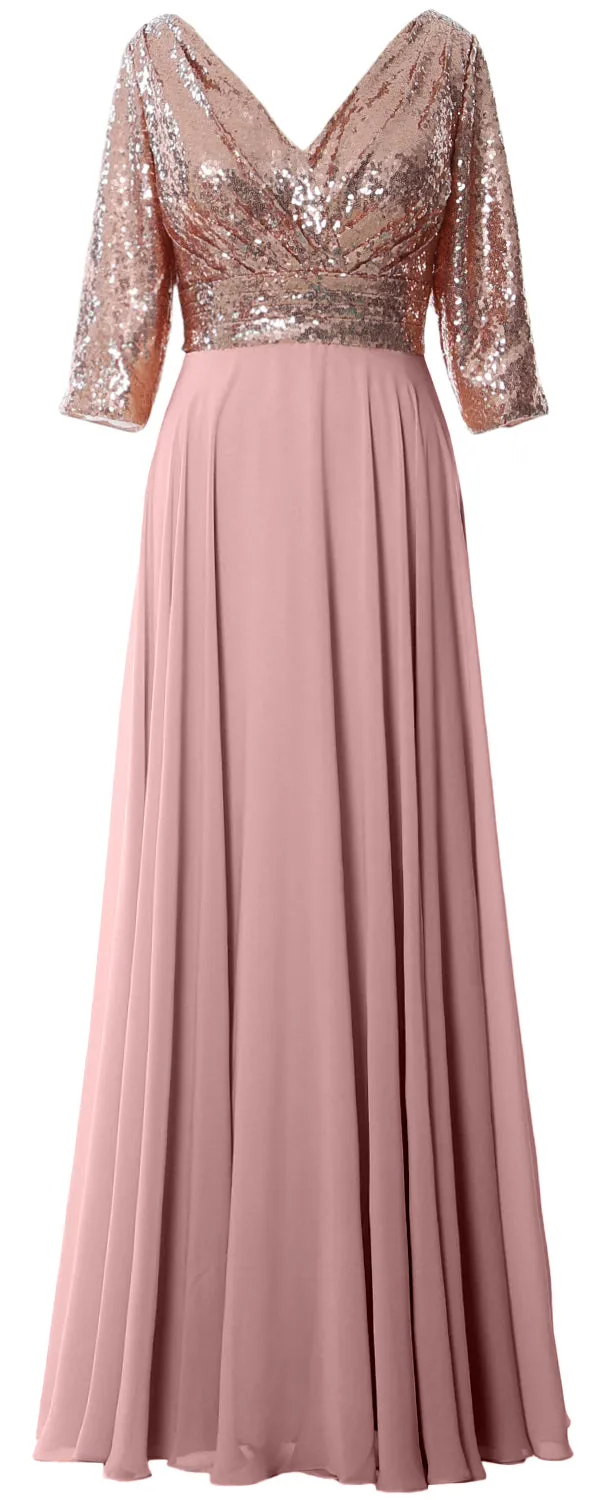 MACloth Women Long Sleeve V Neck Long Sequin Mother of Bride Dresses Maxi Gown