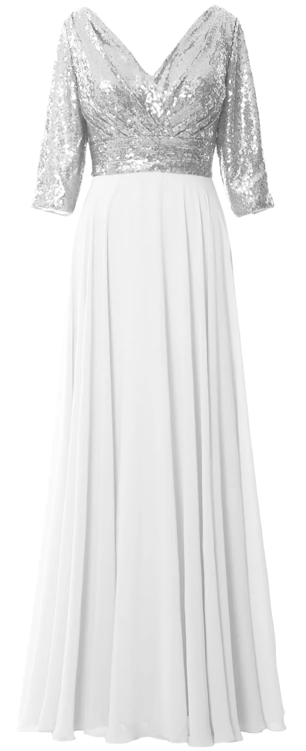 MACloth Women Long Sleeve V Neck Long Sequin Mother of Bride Dresses Maxi Gown