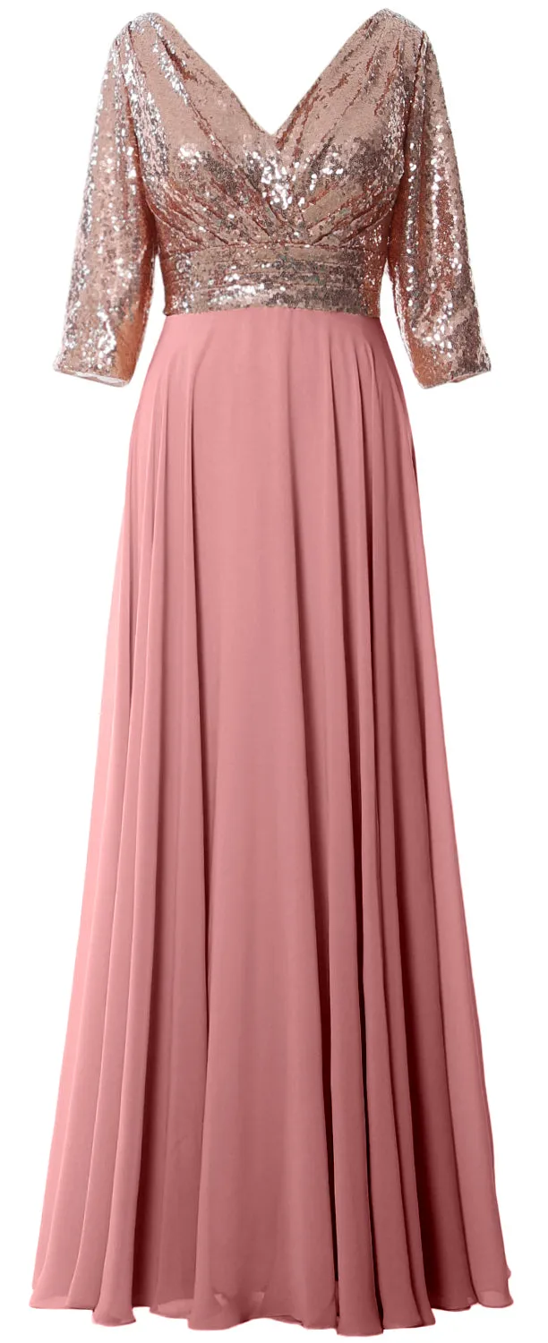 MACloth Women Long Sleeve V Neck Long Sequin Mother of Bride Dresses Maxi Gown